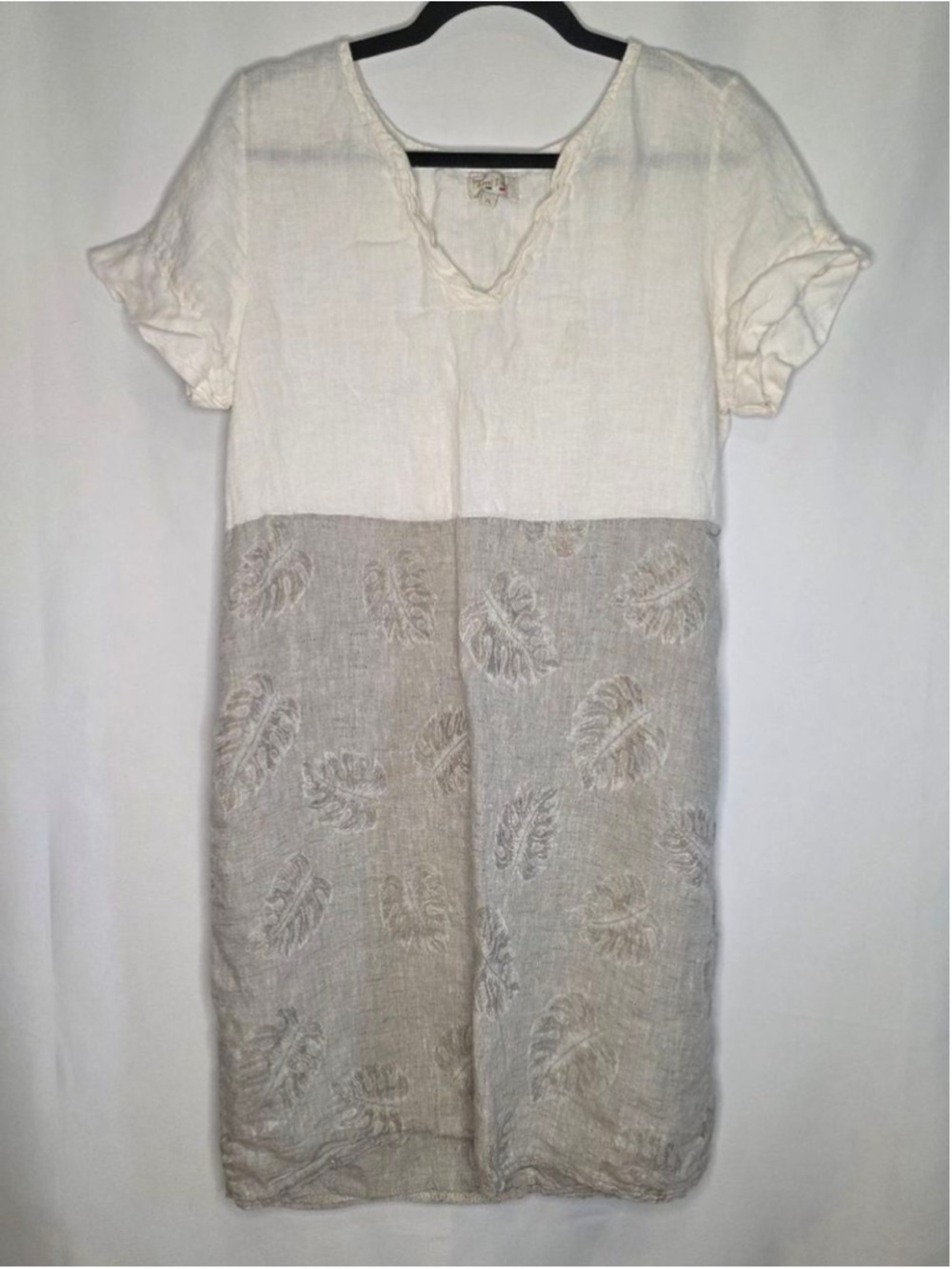 Lina Tomei White Beige Leaf Print Mini Dress XL
